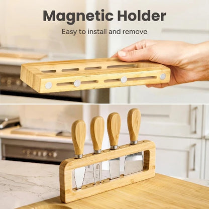 Demonstration of the easy-to-install removable magnetic bamboo knife stand showing bottom magnetic attachments and four stainless steel cheese knives mounted upright on the board