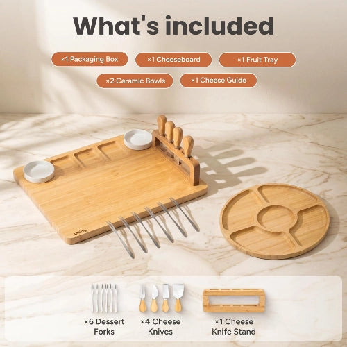Infographic showing everything included in the NovoBam bamboo charcuterie set: large serving board, round fruit tray, two ceramic bowls, cheese knife stand, six dessert forks, and four cheese knives