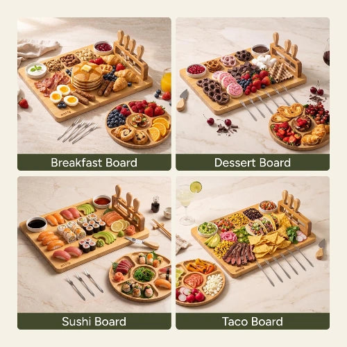 Collage showing versatile serving ideas for the NovoBam bamboo platter set: breakfast board with pancakes, dessert platter with sweets, Japanese sushi presentation, and Mexican taco station