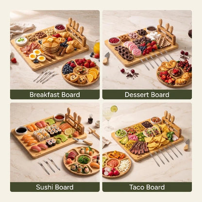 Collage showing versatile serving ideas for the NovoBam bamboo platter set: breakfast board with pancakes, dessert platter with sweets, Japanese sushi presentation, and Mexican taco station