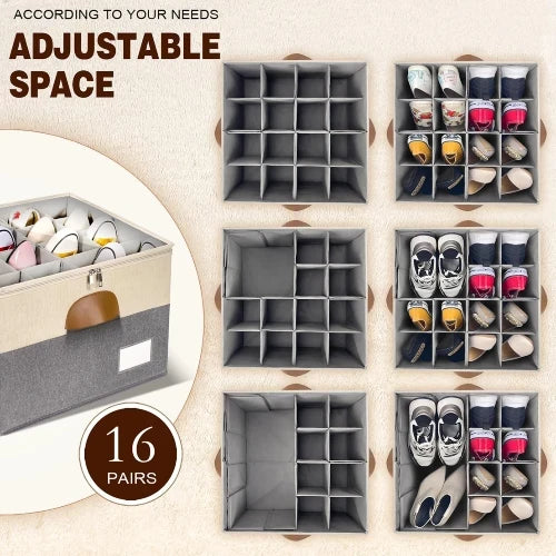 Beige and grey shoe storage box with adjustable dividers holding up to 16 pairs of footwear