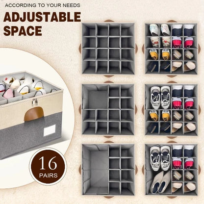 Beige and grey shoe storage box with adjustable dividers holding up to 16 pairs of footwear