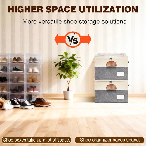 Beige and grey stackable shoe storage organizer boxes compared to traditional shoe boxes for optimal space utilization