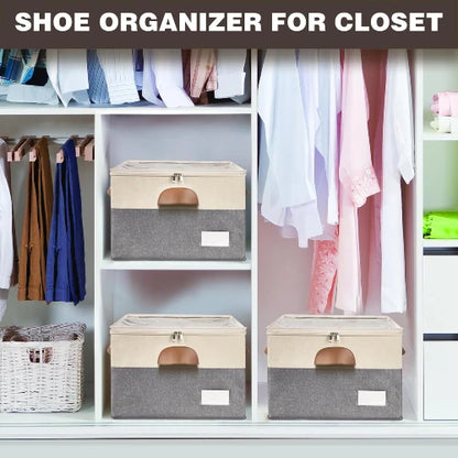 Beige and grey stackable shoe organizer boxes with clear tops organized on shelves inside a wardrobe closet