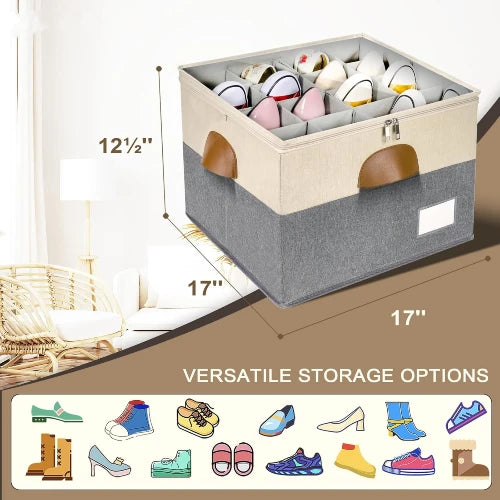 Beige and grey stackable closet shoe organizer box dimensions 17x17x12.5 inches for versatile footwear storage