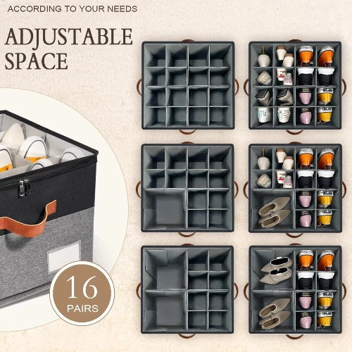 Black and grey shoe storage box with customizable compartments storing up to 16 pairs of footwear