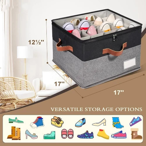 Black and grey stackable closet shoe organizer box dimensions 17x17x12.5 inches for versatile footwear storage