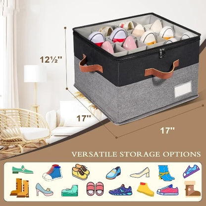 Black and grey stackable closet shoe organizer box dimensions 17x17x12.5 inches for versatile footwear storage