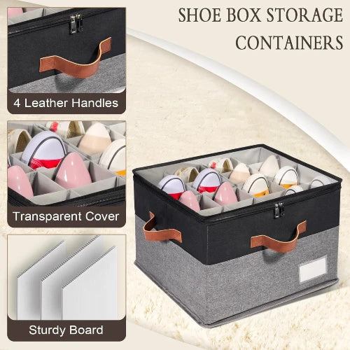 black-grey-shoe-storage-box-features-handles-clear-cover