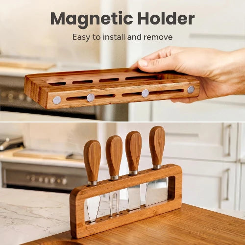 Demonstration of the removable magnetic knife stand on the NovoBam dark brown wood charcuterie board showing magnetic base attachment and four matching wooden cheese knives mounted upright