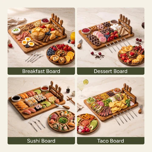 Four creative serving ideas using the NovoBam dark brown wood charcuterie board and round fruit platter: pancake breakfast board, dessert sweets spread, sushi platter, and Mexican taco station
