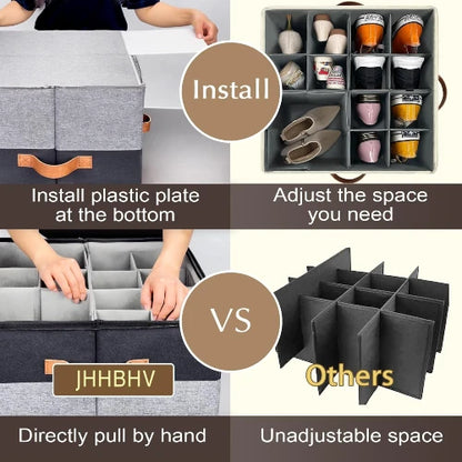 Easy assembly and installation of stackable shoe organizer box showing adjustable space dividers vs standard organizers