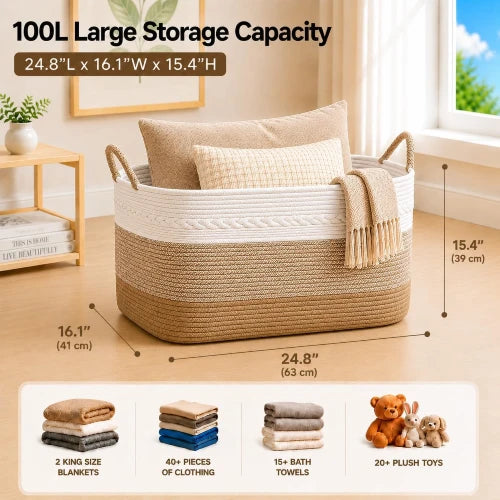 Extra large 100L woven cotton rope storage basket dimensions 24.8 by 16.1 by 15.4 inches and storage capacity guide