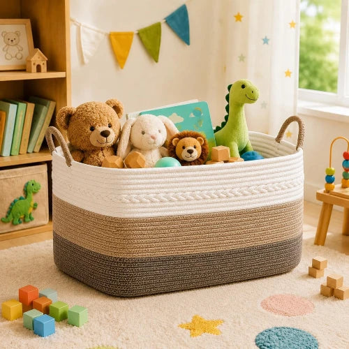 Extra large 100L woven cotton rope storage basket filled with plush toys in kids nursery room