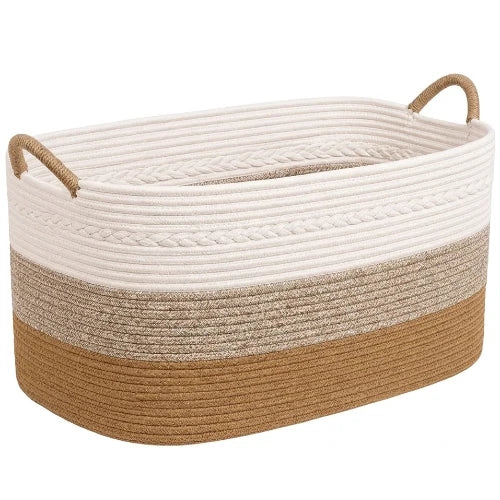 Extra large 100L woven cotton rope storage basket in gray and white with built-in handles