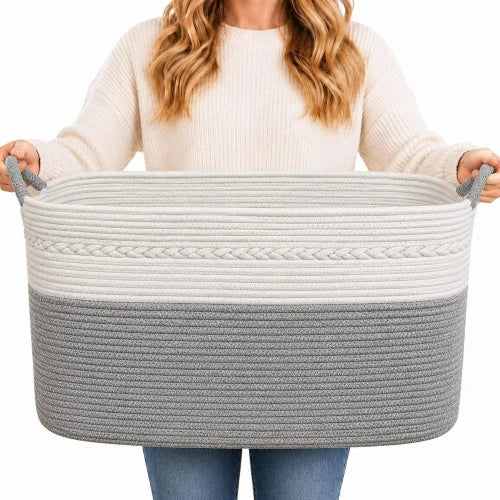 Extra large 100L woven cotton rope storage basket in gray and off white with built-in handles