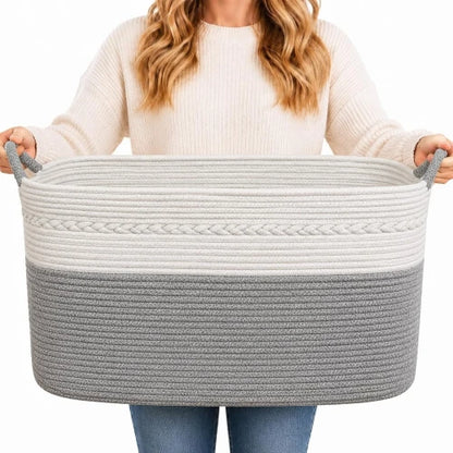 Extra large 100L woven cotton rope storage basket in gray and off white with built-in handles