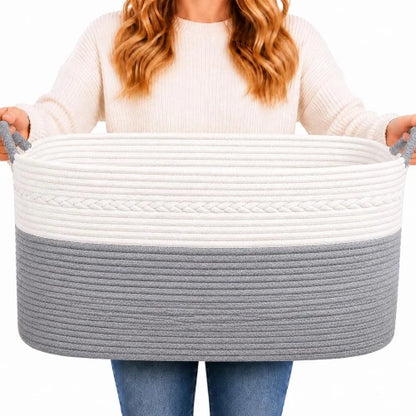 Extra large 100L woven cotton rope storage basket in gray and white with built-in handles