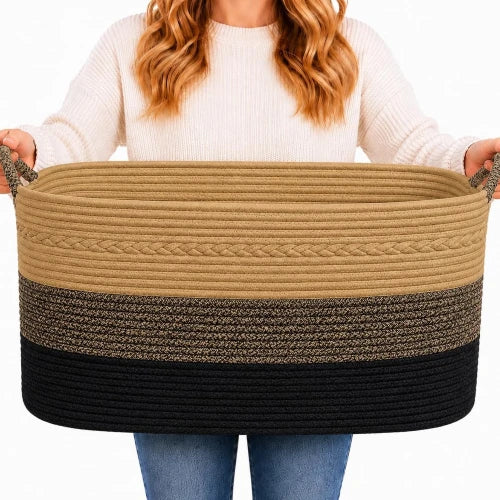 Extra large 100L woven cotton rope storage basket in jute and black with built-in handles