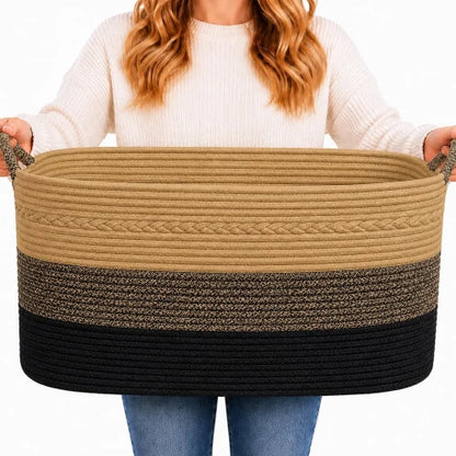 Extra large 100L woven cotton rope storage basket in jute and black with built-in handles