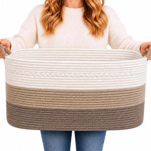 Extra large 100L woven cotton rope storage basket in gradient brown and white with built-in handles