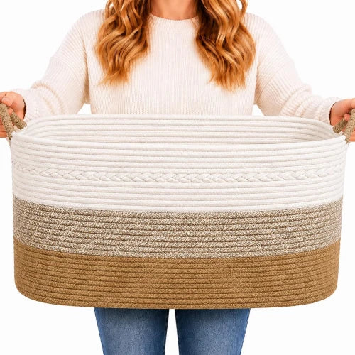 Extra large 100L woven cotton rope storage basket in jute and white with built-in handles