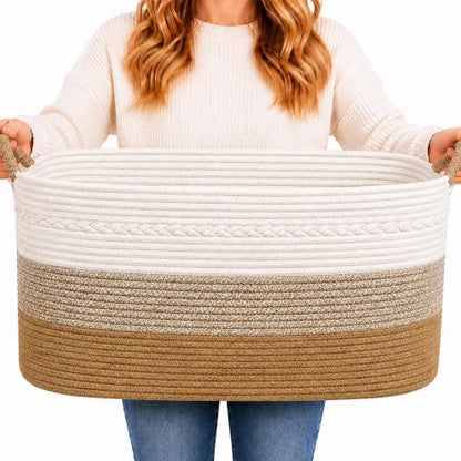 Extra large 100L woven cotton rope storage basket in jute and white with built-in handles