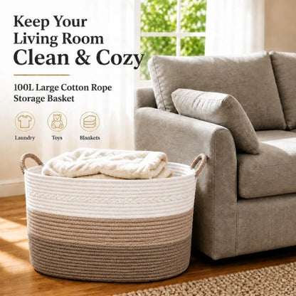 Extra large 100L cotton rope basket next to sofa for living room blanket storage
