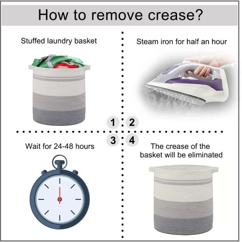 Step by step instructions on how to remove creases and reshape round woven rope laundry hamper