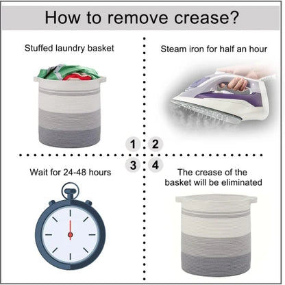 Step by step instructions on how to remove creases and reshape round woven rope laundry hamper