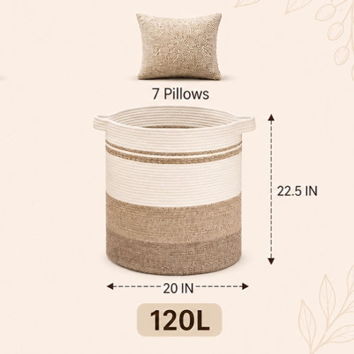 Extra large 120L round woven cotton rope laundry hamper dimensions 20 by 22.5 inches and 7 pillows capacity guide