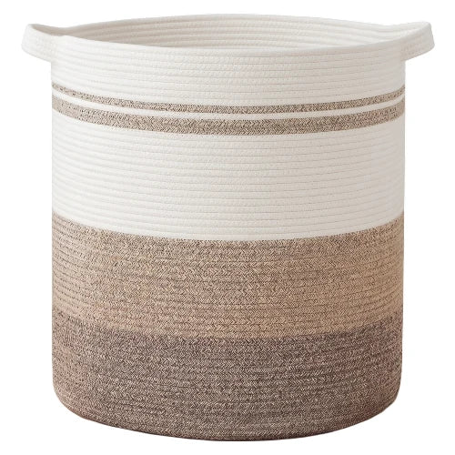 Extra large 120L round woven cotton rope laundry hamper in gradient brown and white with dual striped accents