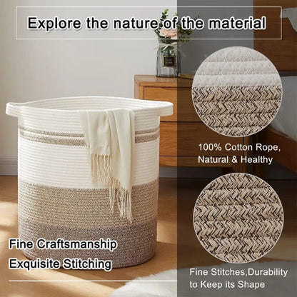 Close-up of 100% natural cotton rope texture and durable reinforced stitching on extra large 120L laundry hamper