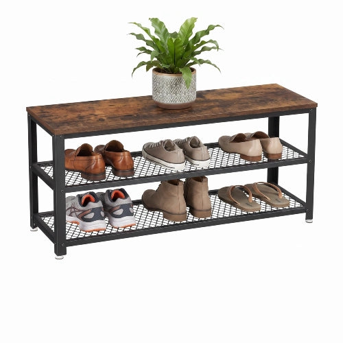 3-tier industrial shoe rack bench with potted plant and shoes on metal mesh shelves.