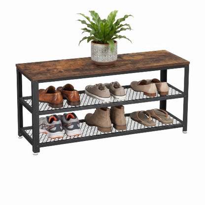 3-tier industrial shoe rack bench with potted plant and shoes on metal mesh shelves.
