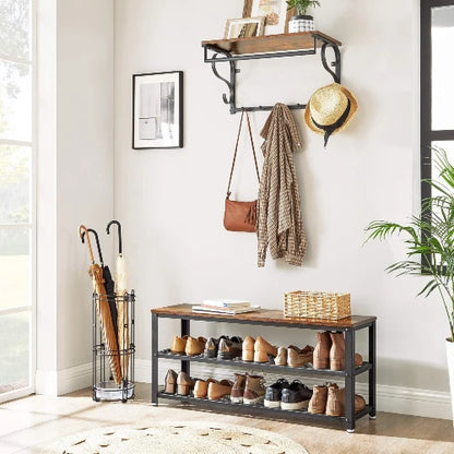 Large 39.4-inch industrial shoe organizer bench holding 8 to 10 pairs of footwear across two metal mesh shelves in an entryway.