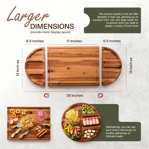 Dimensions diagram of 30-inch modular acacia charcuterie board showing 17-inch center board and two 6.5-inch magnetic side trays with appetizer serving setups.