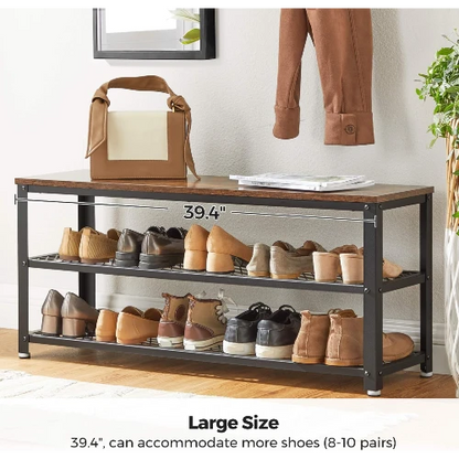 3-tier industrial shoe rack bench with potted plant and shoes on metal mesh shelves.