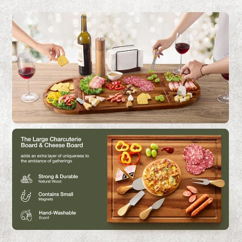 Large acacia wood modular charcuterie board arranged on a dinner table with wine, artisan cheeses, cured meats, and cheese knife set.