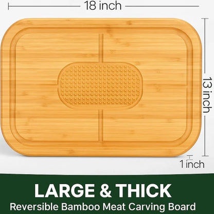 Large 18 by 13 inch reversible bamboo meat carving board showing dimensions, pyramid ridges center, and deep juice grooves