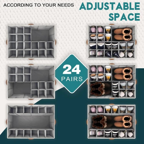 NovoBam large shoe organizer box customizable layout showing adjustable dividers configured to fit up to 24 pairs of flats, heels, sneakers, and boots