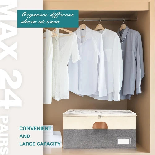 NovoBam large shoe organizer box placed inside a wardrobe closet under hanging clothes holding up to 24 pairs with clear dust cover and leather pull handle