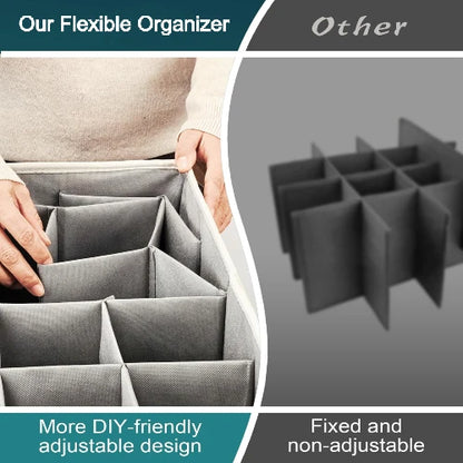 NovoBam large shoe organizer showing flexible DIY adjustable fabric dividers compared to rigid non-adjustable plastic compartments