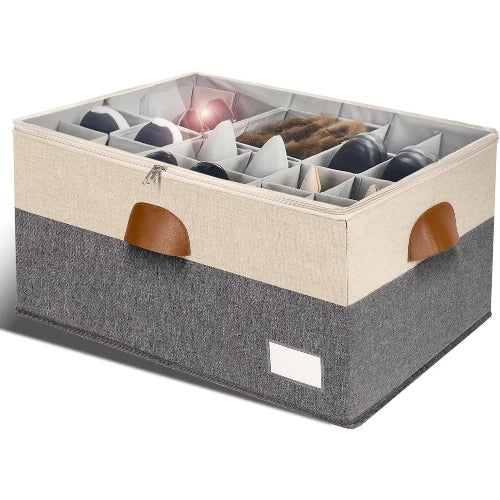 Large stackable closet shoe organizer box in beige and grey with clear zippered cover, adjustable dividers, and side handles holding pairs of shoes