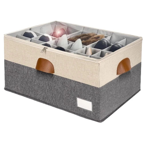 Large stackable closet shoe organizer box in beige and grey with clear zippered cover, adjustable dividers, and side handles holding pairs of shoes