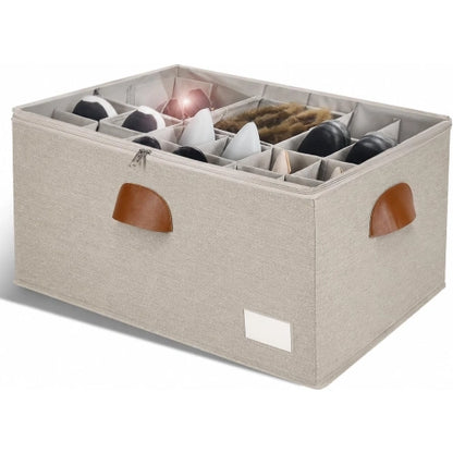 NovoBam large foldable shoe storage box in solid beige featuring a transparent top window, leather-look handles, and modular shoe compartments