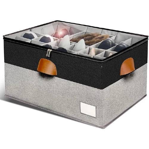 NovoBam large stackable shoe organizer box in black and grey two-tone fabric with transparent top cover and brown pull handles