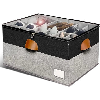 NovoBam large stackable shoe organizer box in black and grey two-tone fabric with transparent top cover and brown pull handles