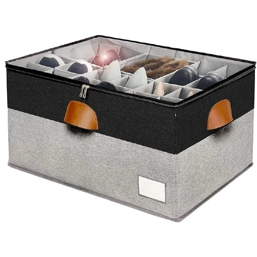 NovoBam large stackable shoe organizer box in black and grey two-tone fabric with transparent top cover and brown pull handles