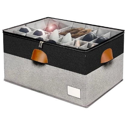 NovoBam large stackable shoe organizer box in black and grey two-tone fabric with transparent top cover and brown pull handles